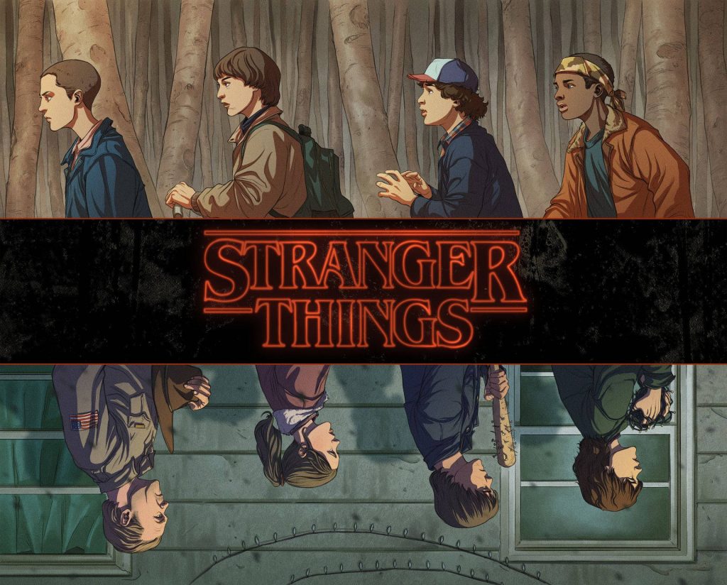 Stranger Things wallpaper featuring Eleven Steve split-screen forest and upside-down house background