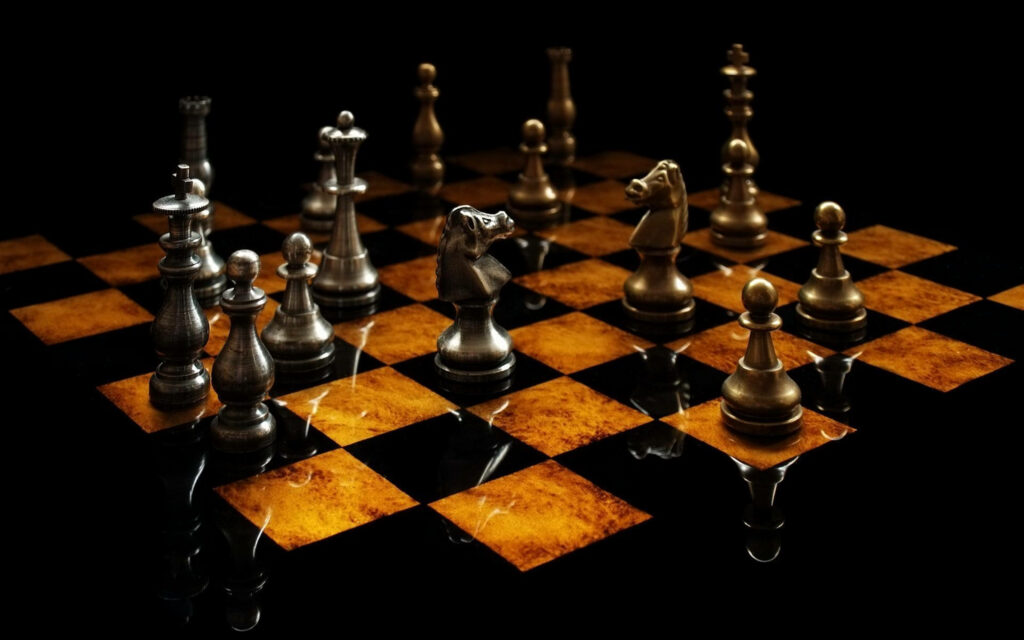 Strategic Battles in a Stunning 3D Chess Game: Mesmerizing Checkered Design on a Dark Background Wallpaper
