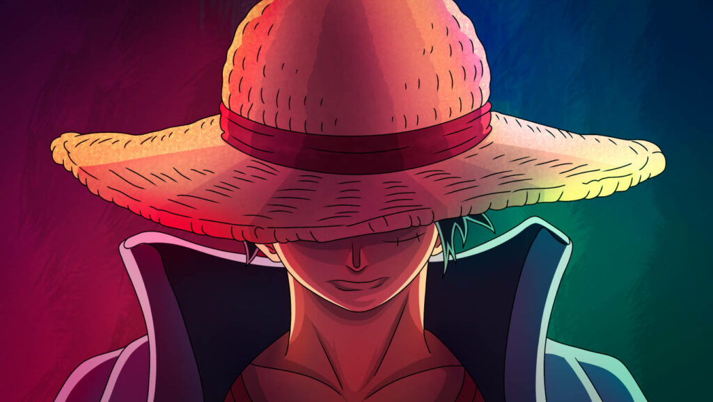 Luffy's Bold Gaze: One Piece Adventure in Red and Blue - Striking Desktop Background Wallpaper