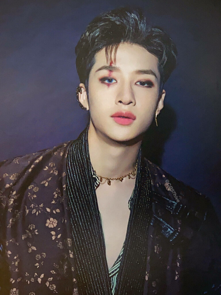 Stray Kids Chan in patterned jacket and layered jewelry on dark Kingdom wallpaper background