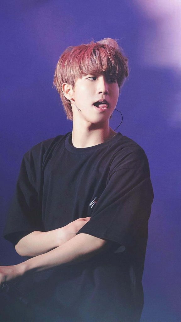 Han Ji-sung Stray Kids concert wallpaper black t-shirt playful expression blue stage lights