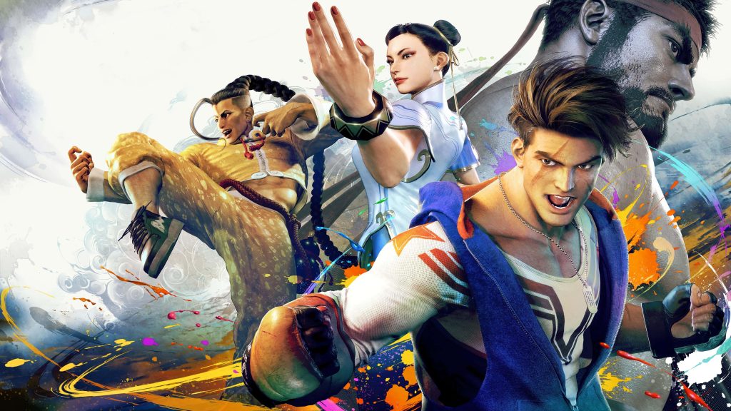 Street Fighter 6 wallpaper featuring Luke Chun-Li Jamie and Ryu with vibrant ink-splatter art