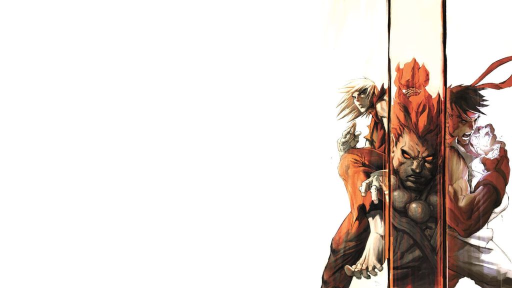 Street Fighter Ken Akuma Ryu dynamic illustration poised for battle fighting game wallpaper background