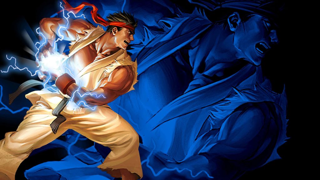 Ryu unleashing electric blue Hadouken energy in dynamic Street Fighter digital wallpaper artwork