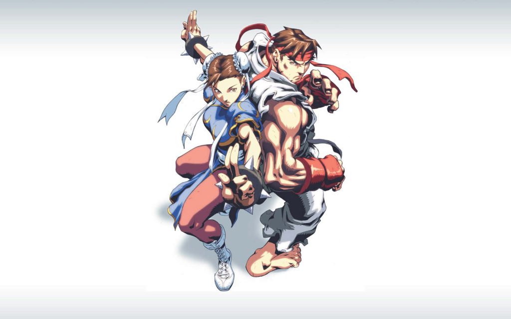 Street Fighter wallpaper showing Ryu and Chun Li back-to-back in martial arts stances