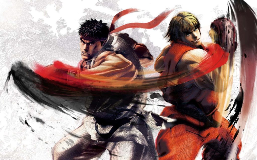Ryu and Ken Street Fighter ink-wash art wallpaper with bold red and black dynamic fight scene