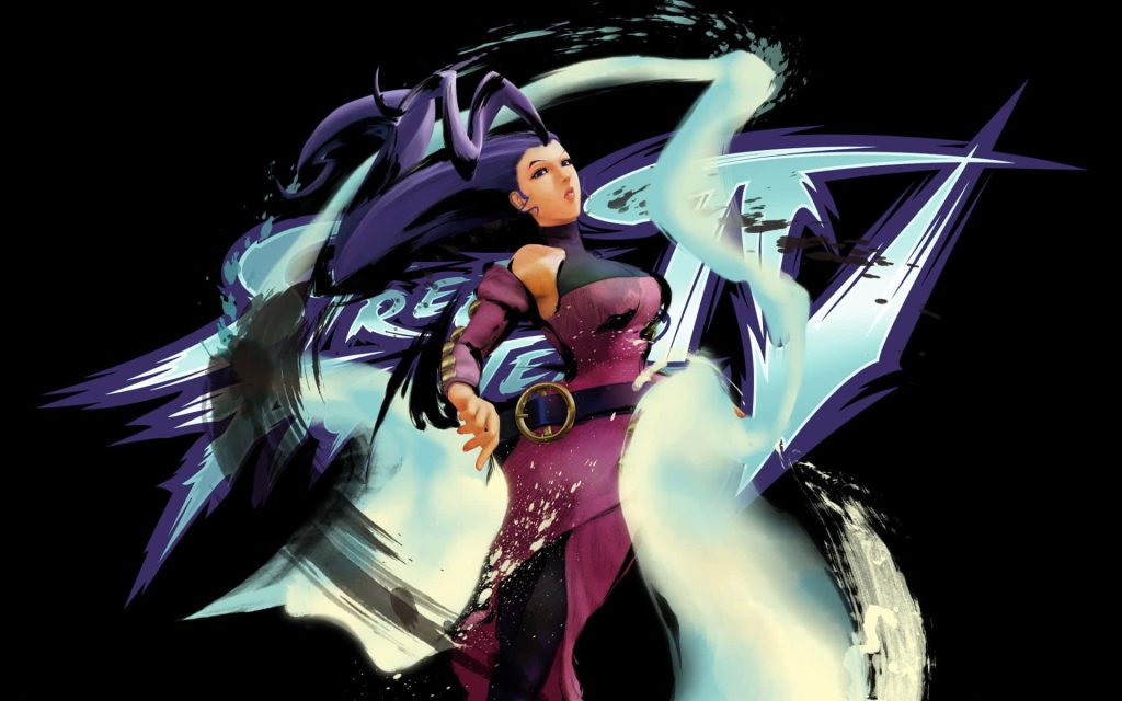 Street Fighter V Rose wallpaper vibrant purple attire mystical energy trails black background gamer