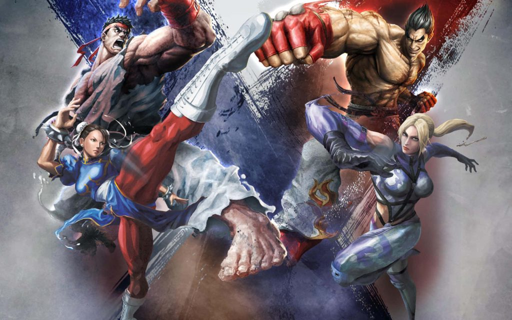 Street Fighter X Tekken wallpaper with Ryu Chun Li battling Kazuya Nina in dynamic ink-brush art