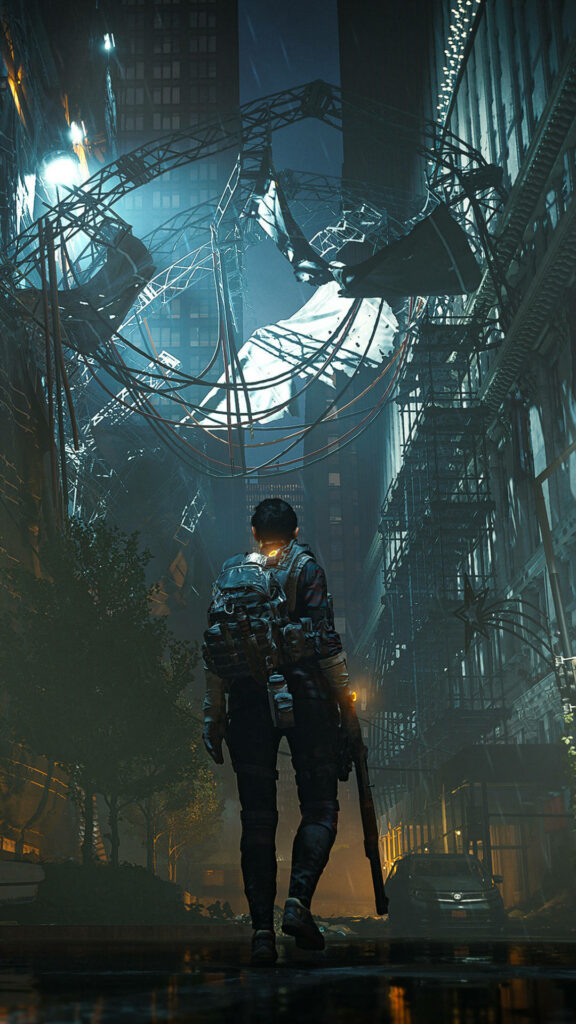 Agent of The Division 2: Mobile Phone Wallpaper Featuring a Heroic Scene in a Shadowy Street
