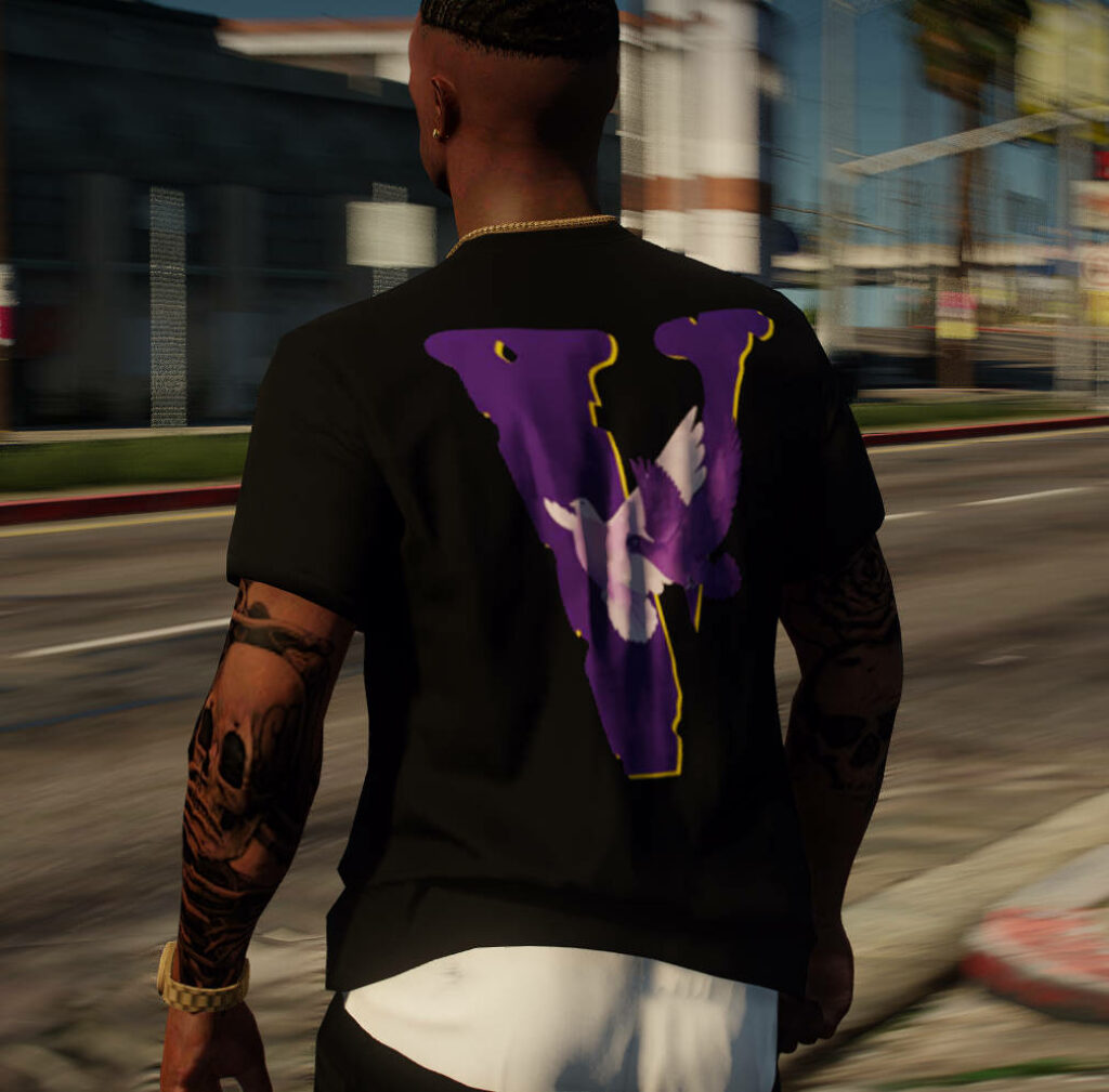 Street-Styled Vlone: A Dynamic GTA 5 Mod Character Rocking Vlone Black Shirt with Vibrant Logo and Doves, Dominating the Urban Setting Wallpaper