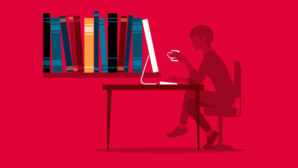 Stressed Woman at Desk: Minimalist Office Illustration Wallpaper