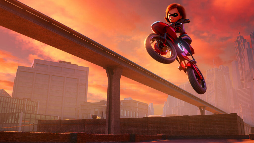 The Incredible Helen Parr, Elastigirl, Exhibiting Her Amazing Motorcycle Skills - A Captivating Snapshot from The Incredibles Universe Wallpaper