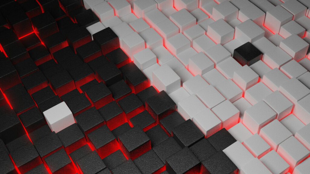 Stunning 3D Black and White Cube Wallpaper with Red Glow Background