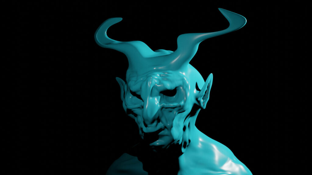 Dramatic 3D Demon Wallpaper in Striking Cyan on Dark Background