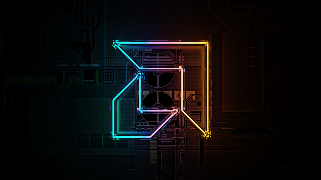 3D neon AMD logo glowing on dark futuristic circuit board tech wallpaper background vibrant