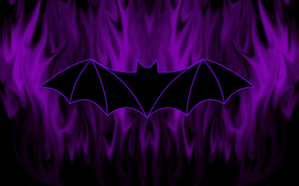 Batman logo with bold purple outline on vibrant purple flames artistic wallpaper background