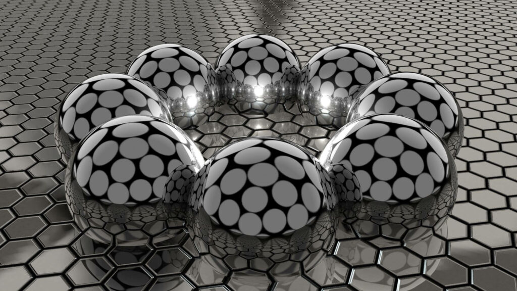 Stunning Black & White Hexagonal Wallpaper with Reflective Steel Balls