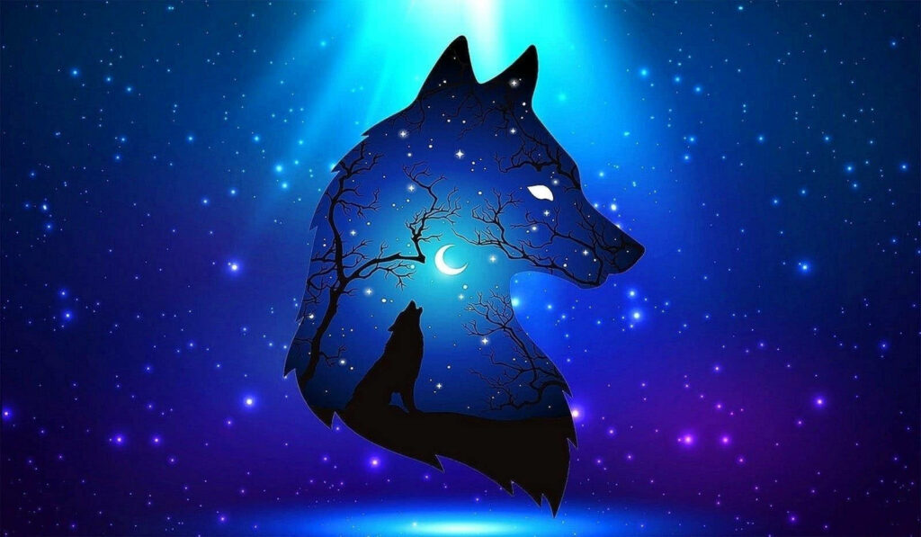 Enchanting Black Wolf Wallpaper: Mystical Moonlit Wilderness Scene