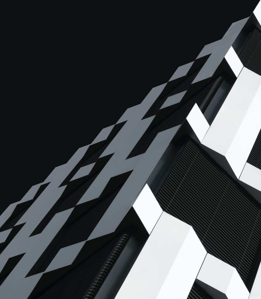 Modern Black and White Building Wallpaper: Geometric Architectural Design
