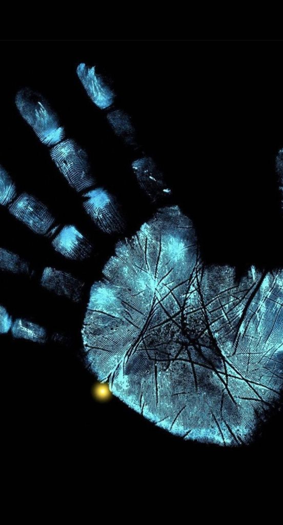 Glowing blue handprint wallpaper with cyan ridges and single gold light on black background