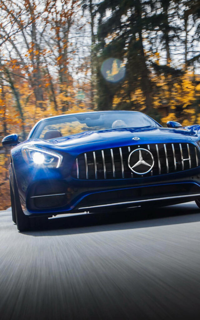 Blue Mercedes-AMG speeding on forest road autumn leaves high performance driving wallpaper