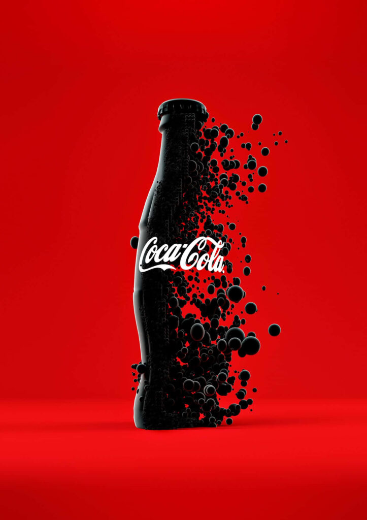 Coca-Cola classic glass bottle dissolving into black bubbles on vibrant red background wallpaper