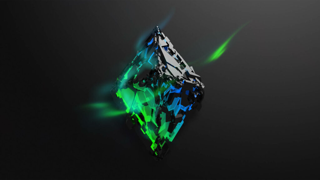 3D cracked geode Ethereum icon with green and blue highlights on dark futuristic background wallpaper