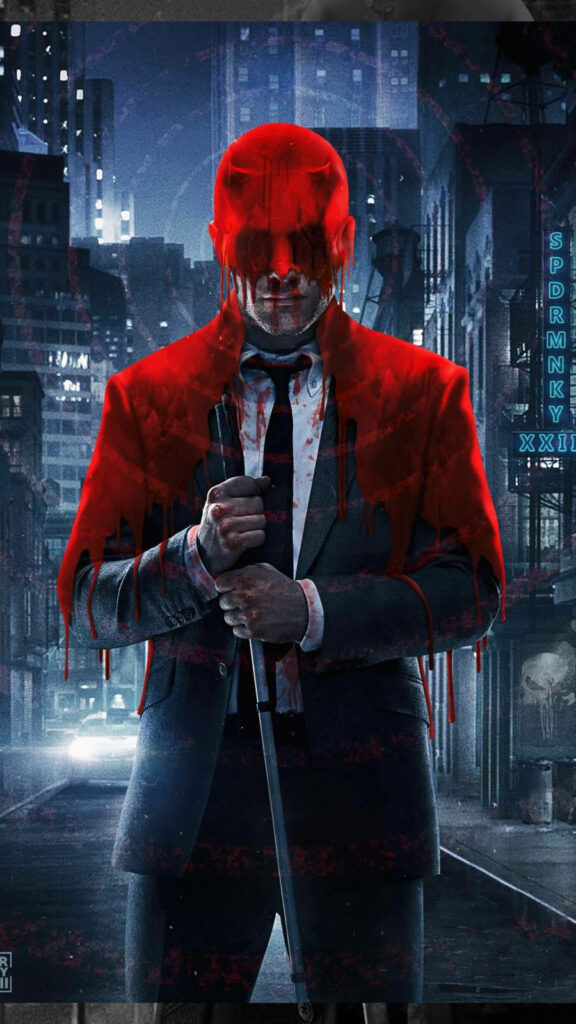 Intense Daredevil Wallpaper: Iconic Character in Blood-Streaked Suit