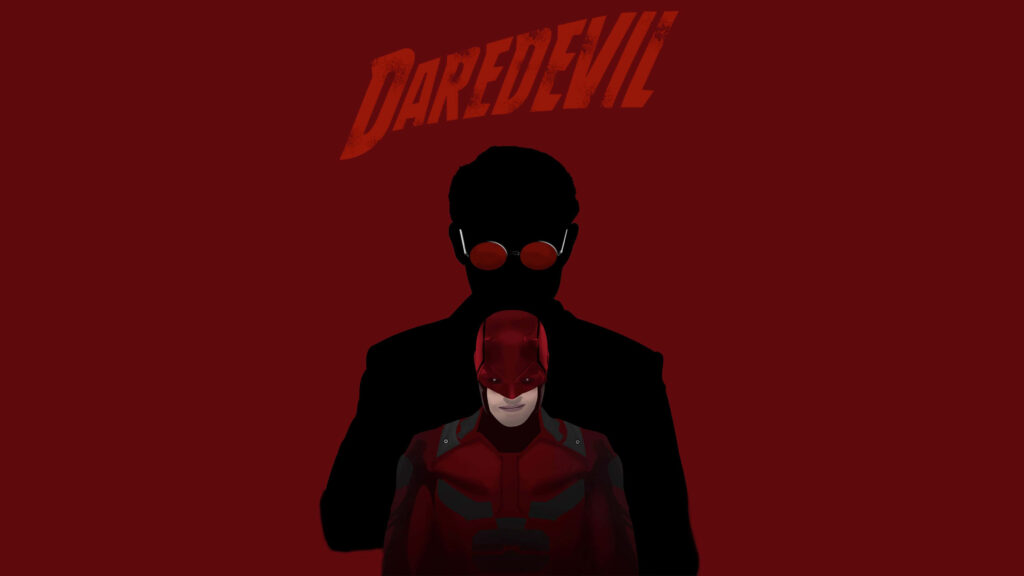 Bold Daredevil Wallpaper: Iconic Red Suit & Shadowy Figure Design