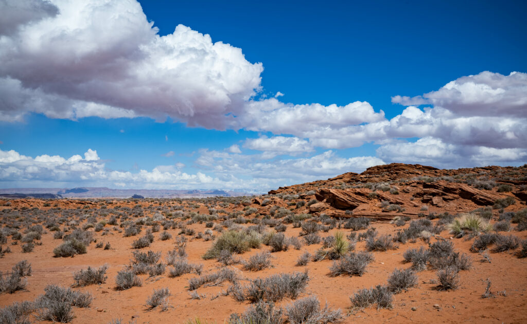 Desert landscape with scattered bushes rugged stones rocky reliefs and blue sky with white clouds wallpaper