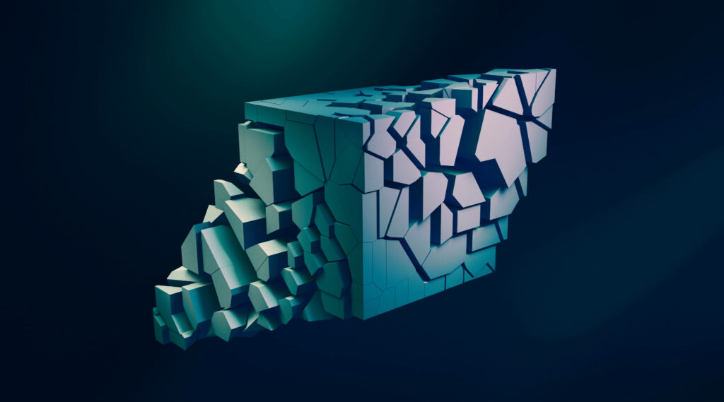 Dynamic Disintegrating Platonic Solid Wallpaper on Deep Blue Background