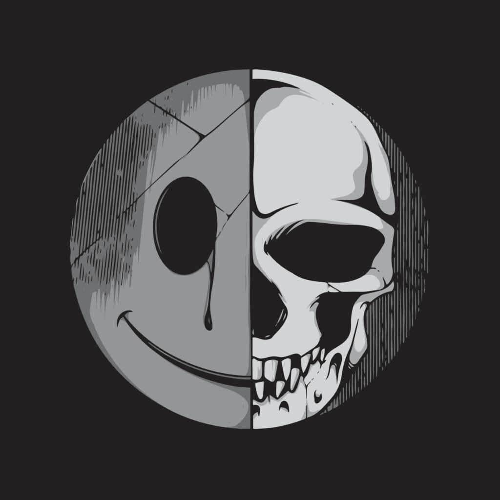 Duality in Art: Abstract Face and Haunting Skull Contrast Design Wallpaper