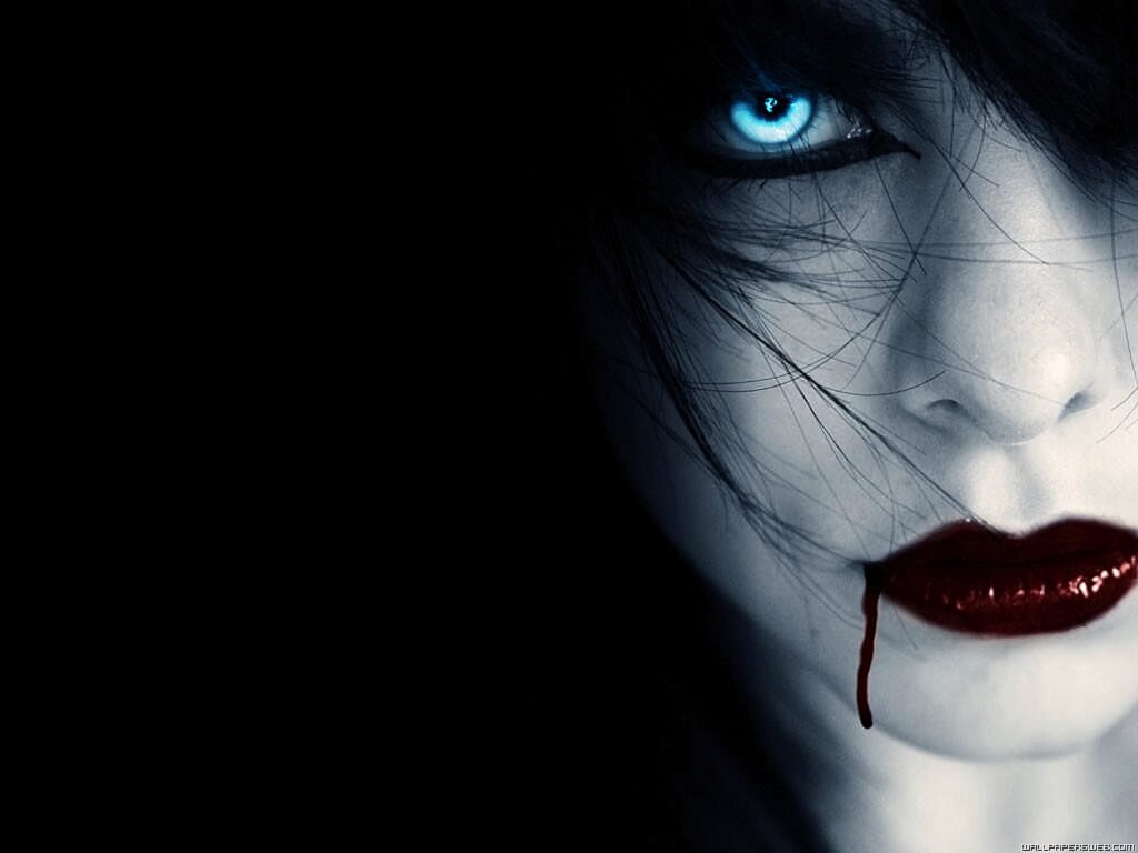 Emo wallpaper close up pale face piercing blue eyes dark hair red lips blood gothic melancholy background