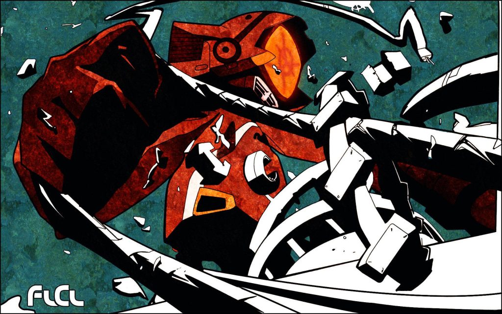 FLCL wallpaper featuring red Canti on textured teal background bold anime mechanical design