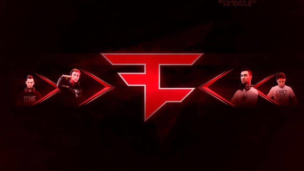 FaZe Clan wallpaper with bold red logo and iconic members FaZe Rain and FaZe Banks in dark digital art