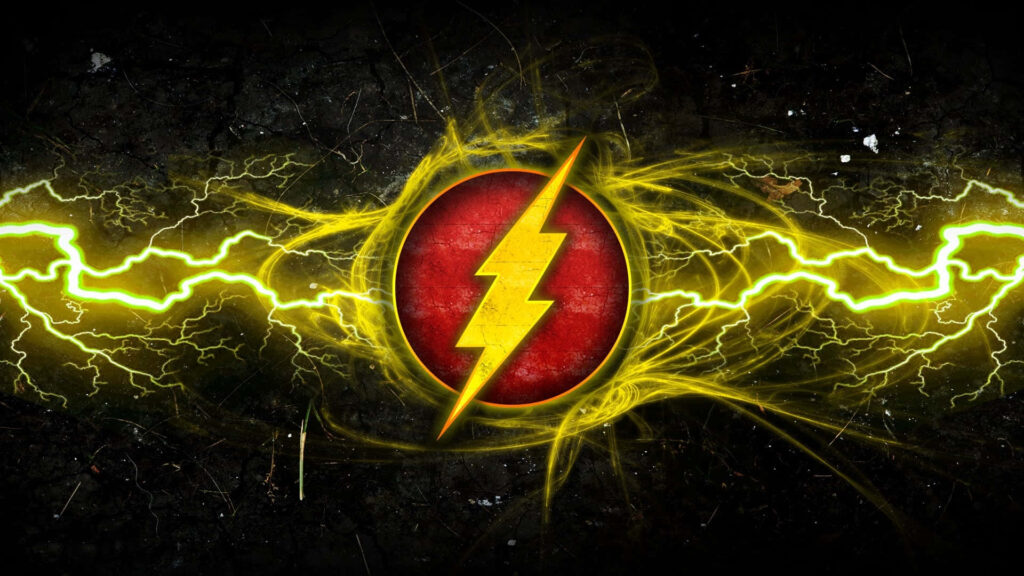 Flash wallpaper with yellow lightning bolt and electric lightning on dark dynamic background
