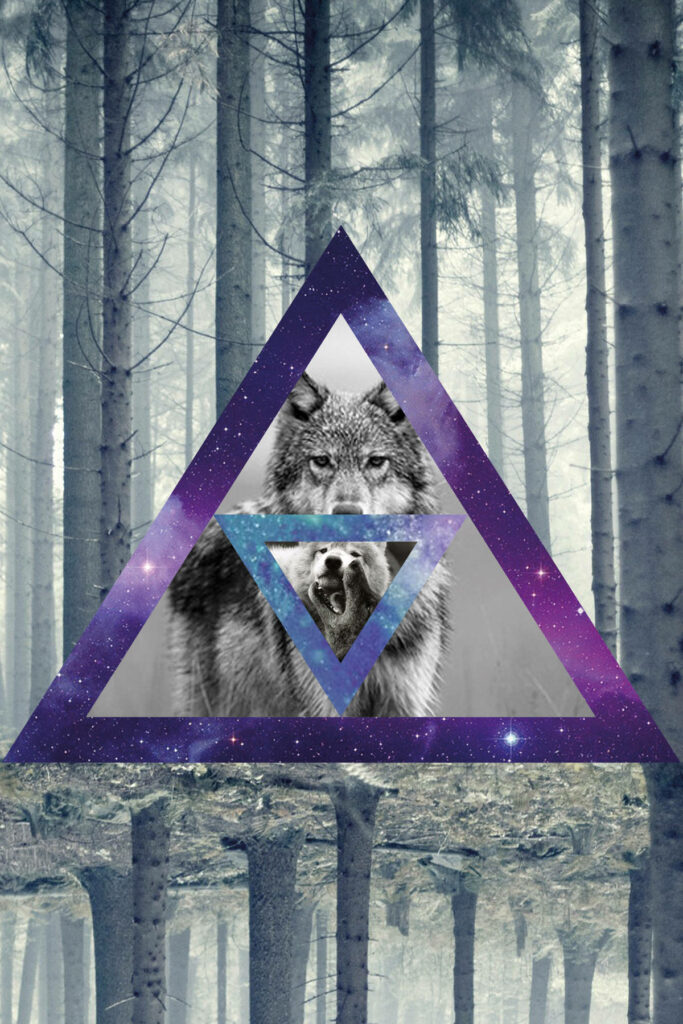Majestic Wolf Galaxy Wallpaper with Triangular Design & Forest Backdrop