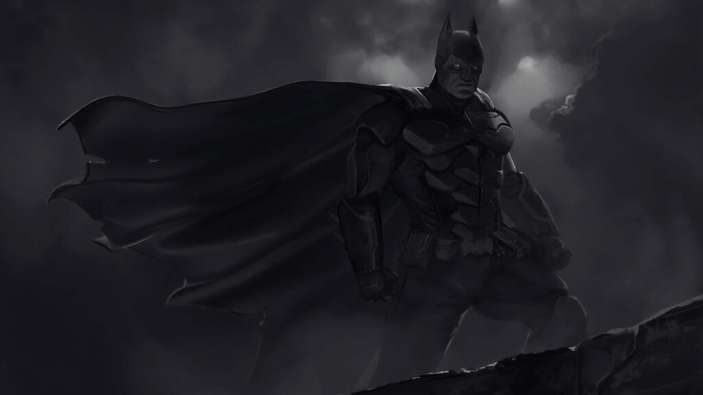 Grayscale Batman Wallpaper: Iconic Superhero in Dark Cloudy Scene
