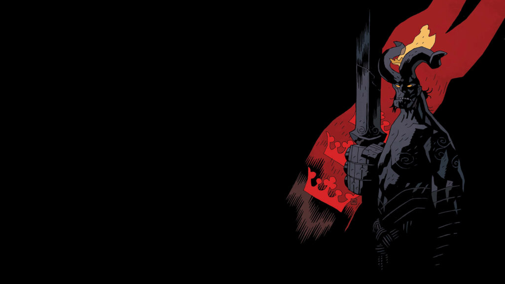 Striking Hellboy Wallpaper: Iconic Red Hero with Sword on Dark Background