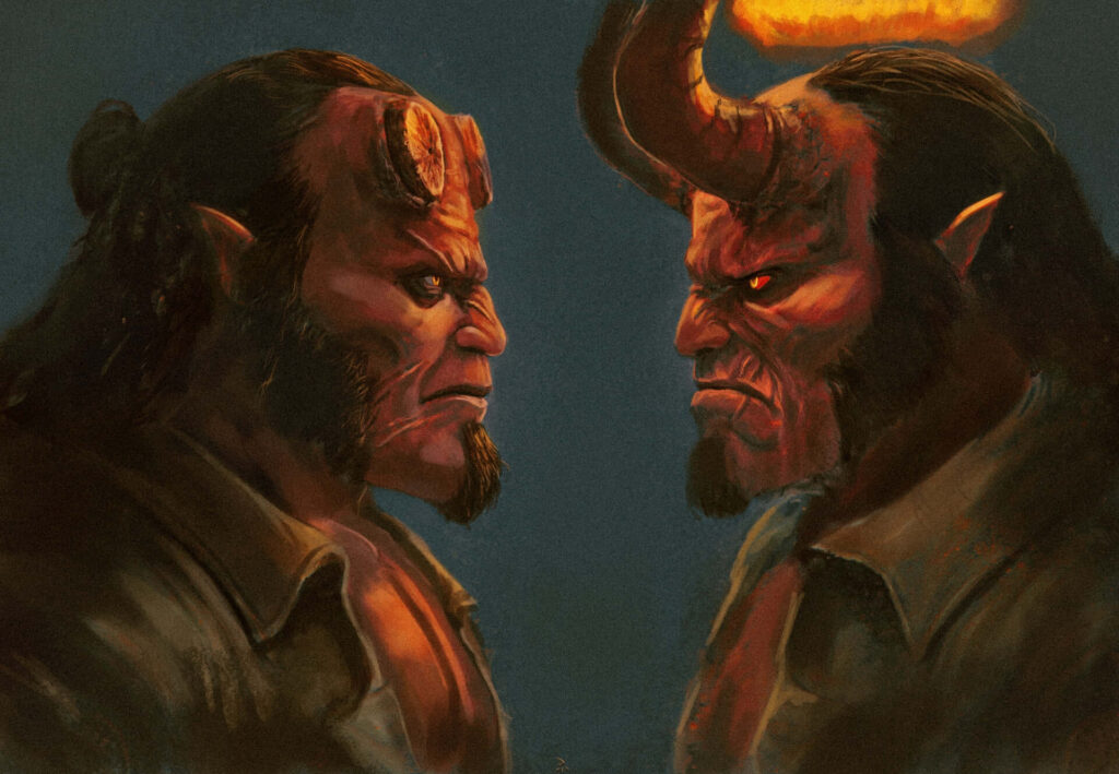 Dynamic Hellboy Wallpaper: Mirror Image with Glowing Eyes & Dark Theme