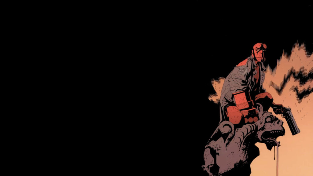 Striking Hellboy Wallpaper: Perched on Gargoyle with Revolver