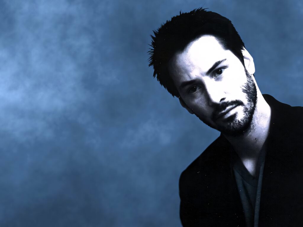 Intense Keanu Reeves Wallpaper: Charismatic Beard & Blue Background