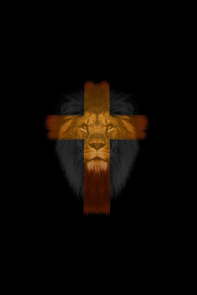 Lion Face Cross Wallpaper: Bold Spiritual Design on Dark Background