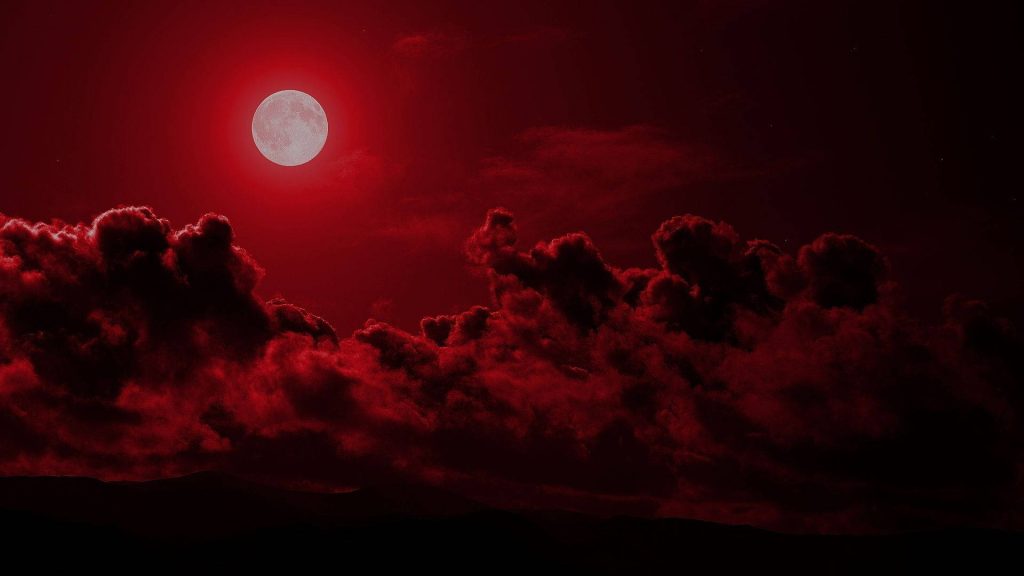 Neon red blood moon glowing with stormy clouds gothic digital art wallpaper background