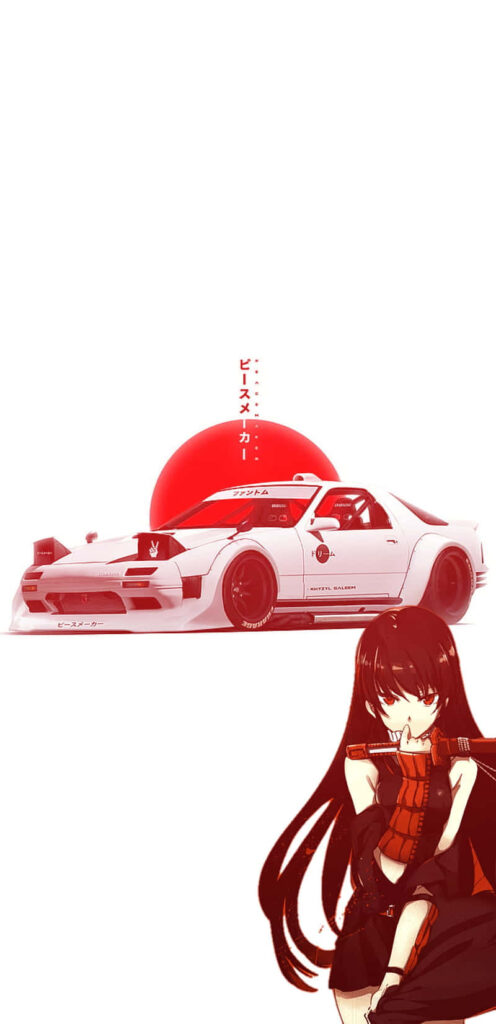 Dynamic RX-7 JDM Wallpaper with Anime Character & Red Sun