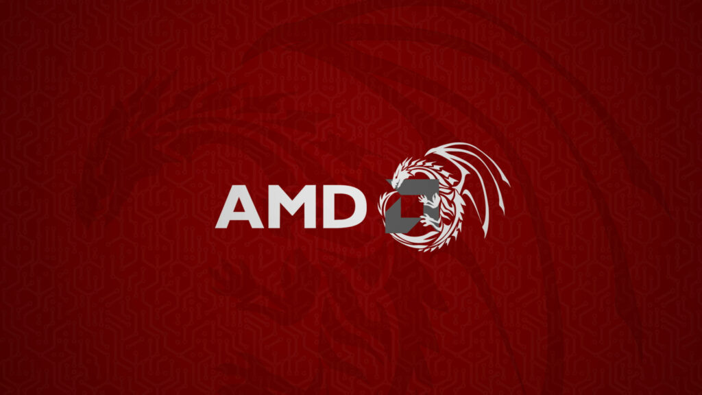 Red AMD logo with sleek dragon on geometric background dynamic high tech wallpaper design