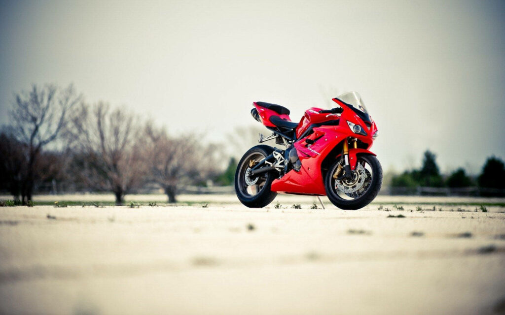 Sleek Red Bike in Calm Winter Landscape – Striking Wallpaper Background
