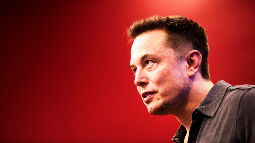 Bold Red-Toned Elon Musk Portrait: Visionary Wallpaper Background