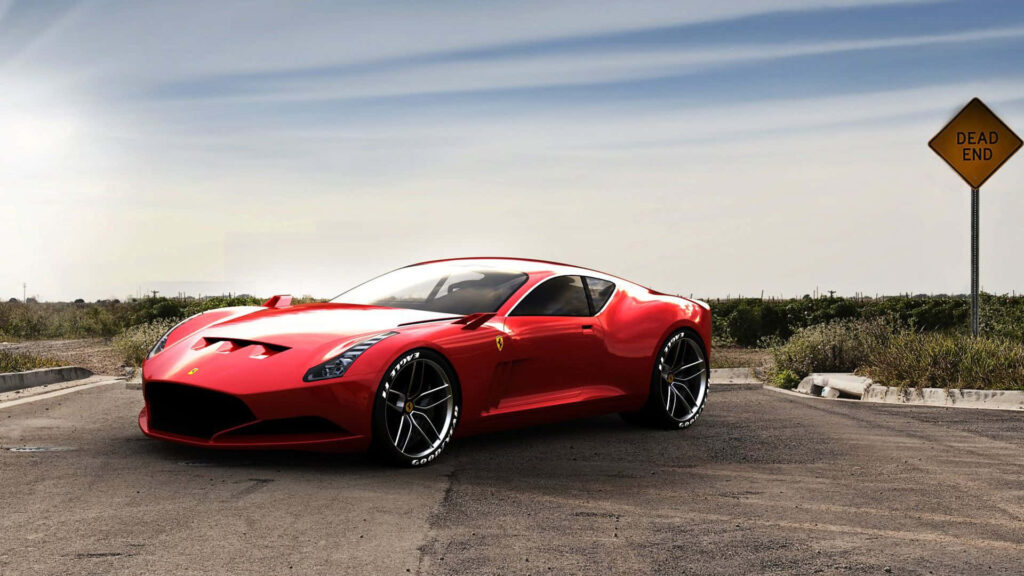 Red Ferrari F12 parked on empty road under blue sky showcasing luxury sports car power Wallpaper