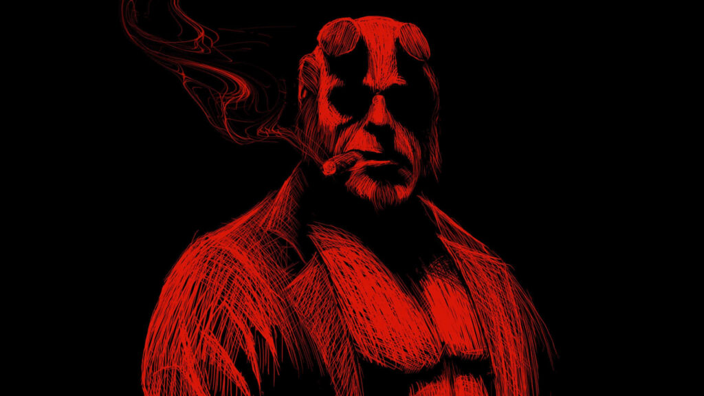Bold Red Hellboy Portrait: Dramatic Wallpaper with Iconic Linework